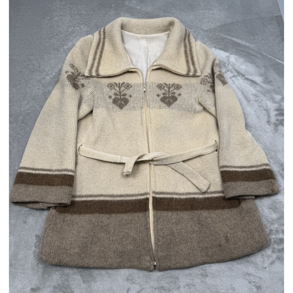 Vintage Icelandic Wool Coat Womens Medium Full Zip Jacket Belted Nordic 70s Read